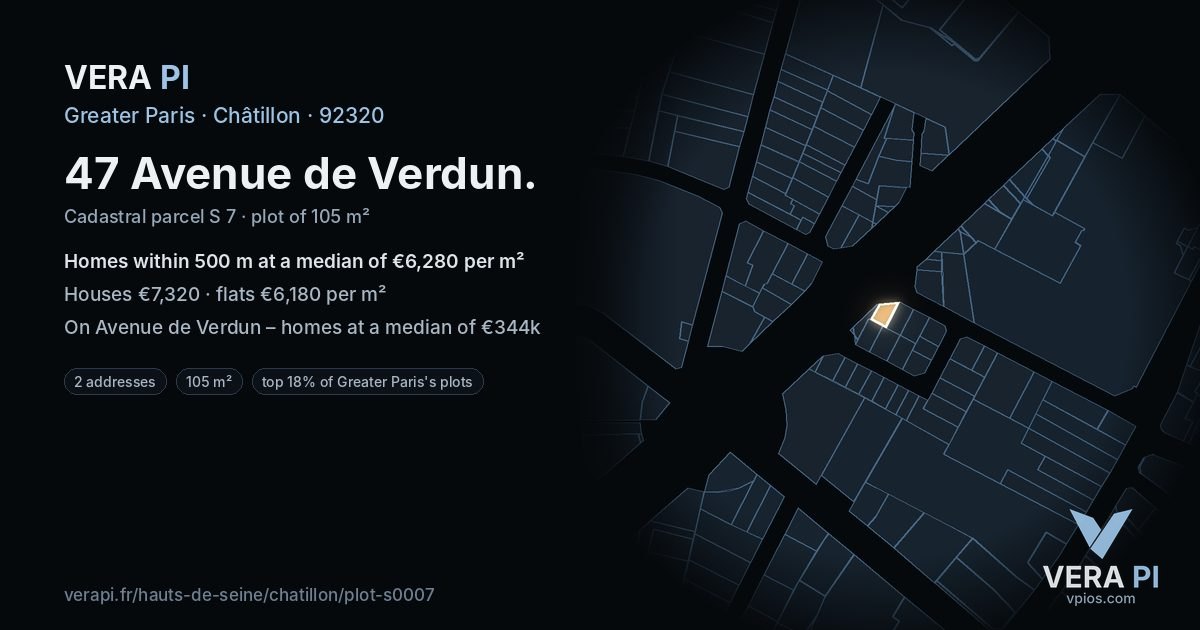 47 Avenue de Verdun, Châtillon at night – the plot lit, the parcels around coloured by the prices near them