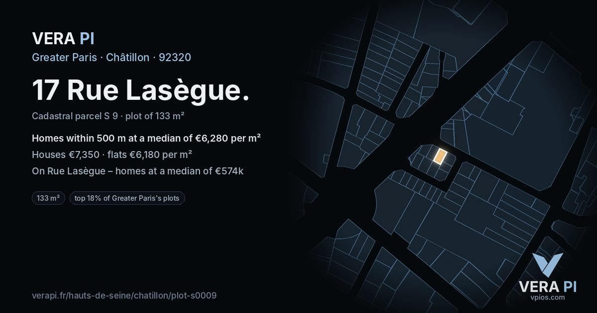 17 Rue Lasègue, Châtillon at night – the plot lit, the parcels around coloured by the prices near them