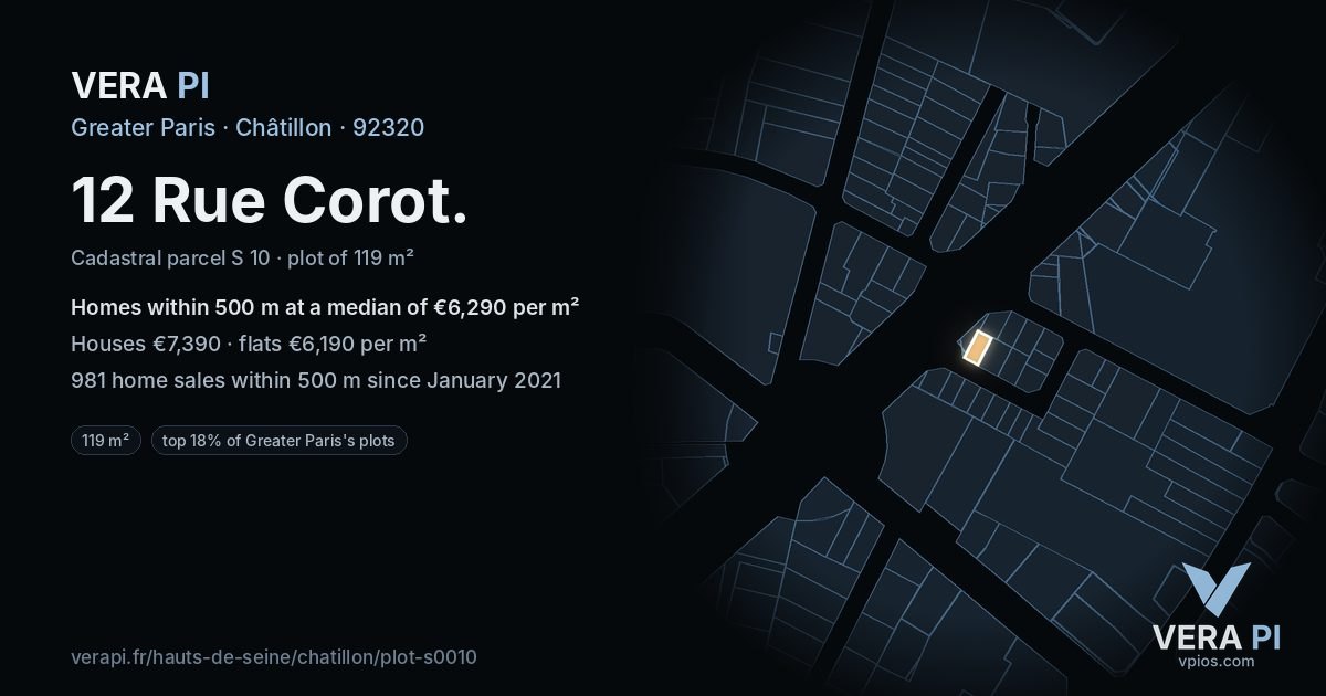 12 Rue Corot, Châtillon at night – the plot lit, the parcels around coloured by the prices near them