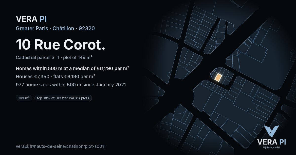 10 Rue Corot, Châtillon at night – the plot lit, the parcels around coloured by the prices near them