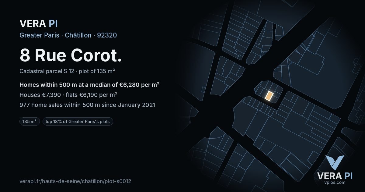 8 Rue Corot, Châtillon at night – the plot lit, the parcels around coloured by the prices near them