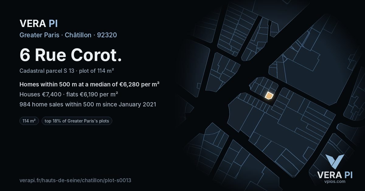 6 Rue Corot, Châtillon at night – the plot lit, the parcels around coloured by the prices near them