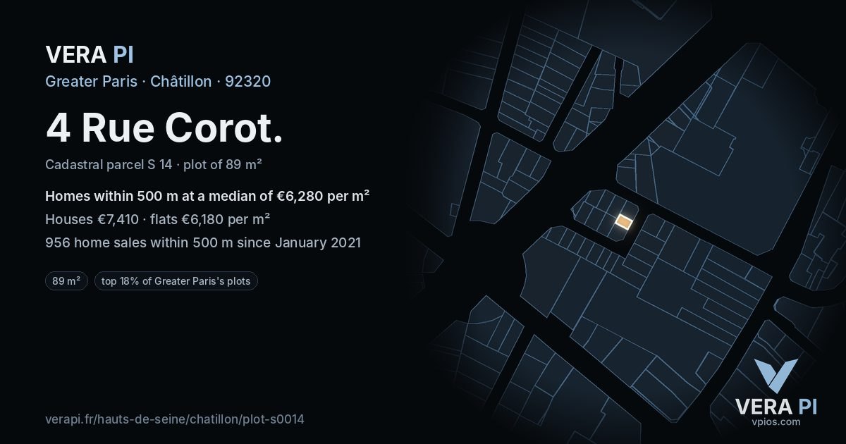 4 Rue Corot, Châtillon at night – the plot lit, the parcels around coloured by the prices near them