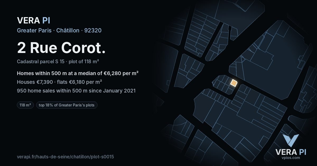 2 Rue Corot, Châtillon at night – the plot lit, the parcels around coloured by the prices near them