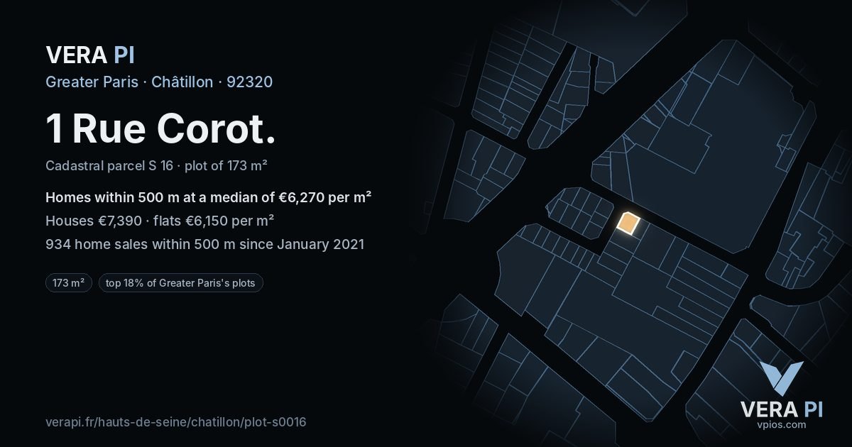 1 Rue Corot, Châtillon at night – the plot lit, the parcels around coloured by the prices near them