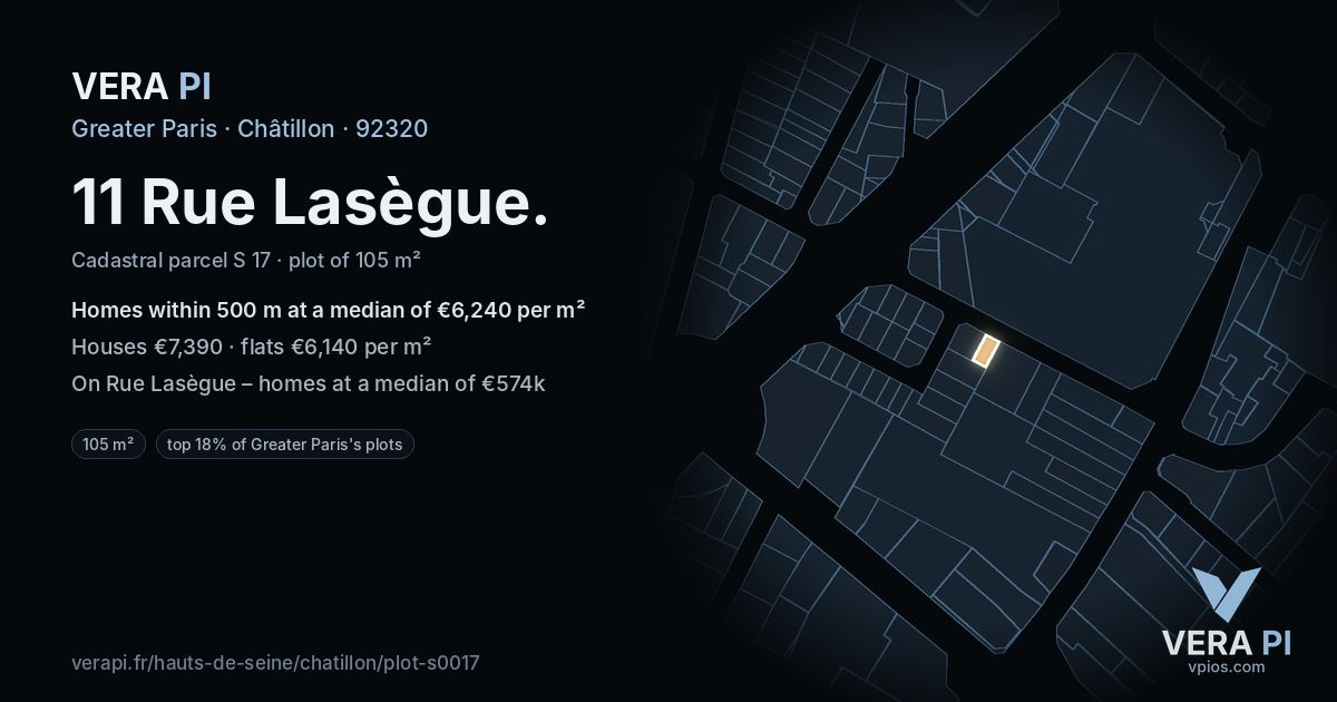 11 Rue Lasègue, Châtillon at night – the plot lit, the parcels around coloured by the prices near them