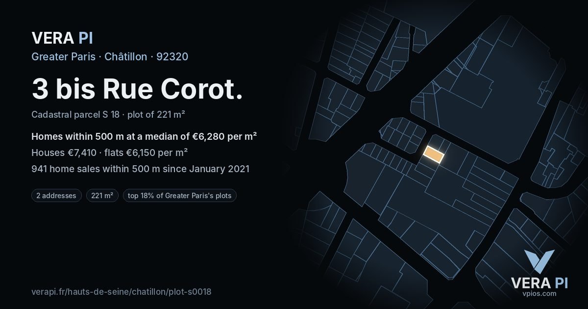 3 bis Rue Corot, Châtillon at night – the plot lit, the parcels around coloured by the prices near them