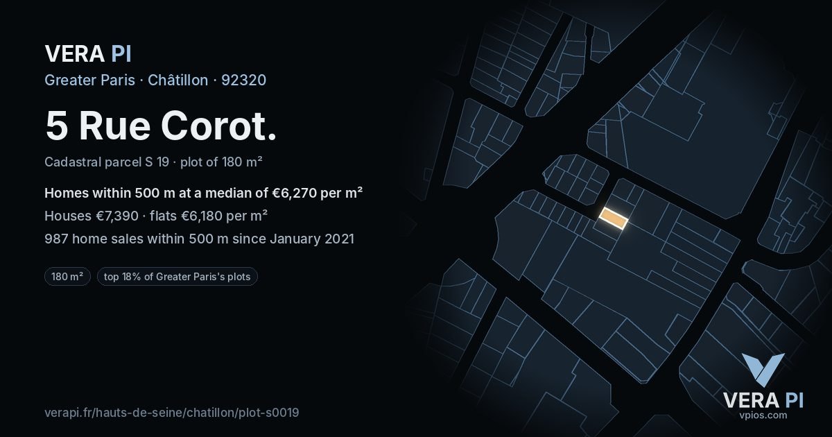 5 Rue Corot, Châtillon at night – the plot lit, the parcels around coloured by the prices near them
