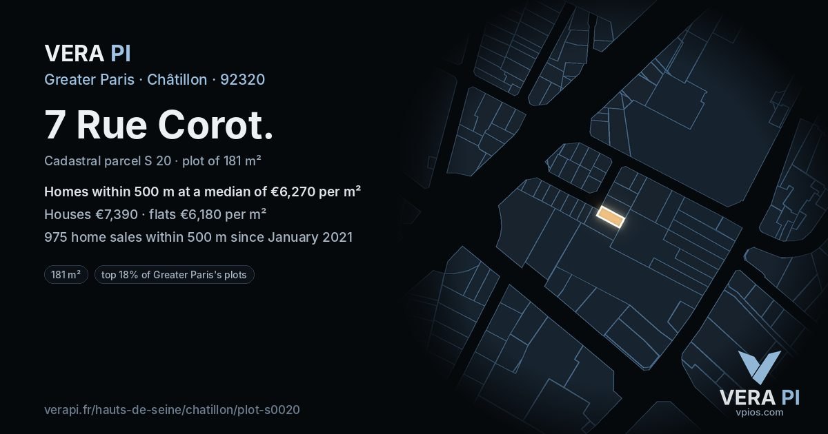 7 Rue Corot, Châtillon at night – the plot lit, the parcels around coloured by the prices near them