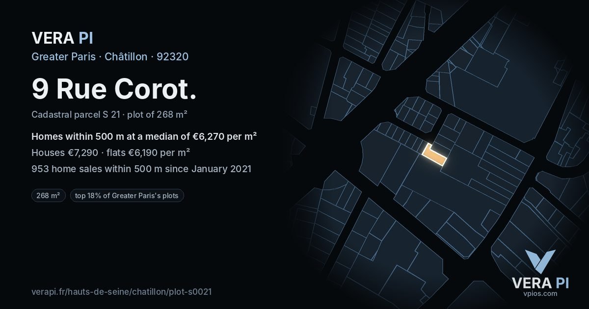 9 Rue Corot, Châtillon at night – the plot lit, the parcels around coloured by the prices near them