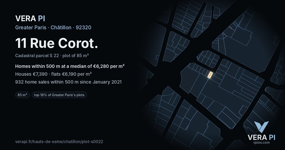 11 Rue Corot, Châtillon at night – the plot lit, the parcels around coloured by the prices near them