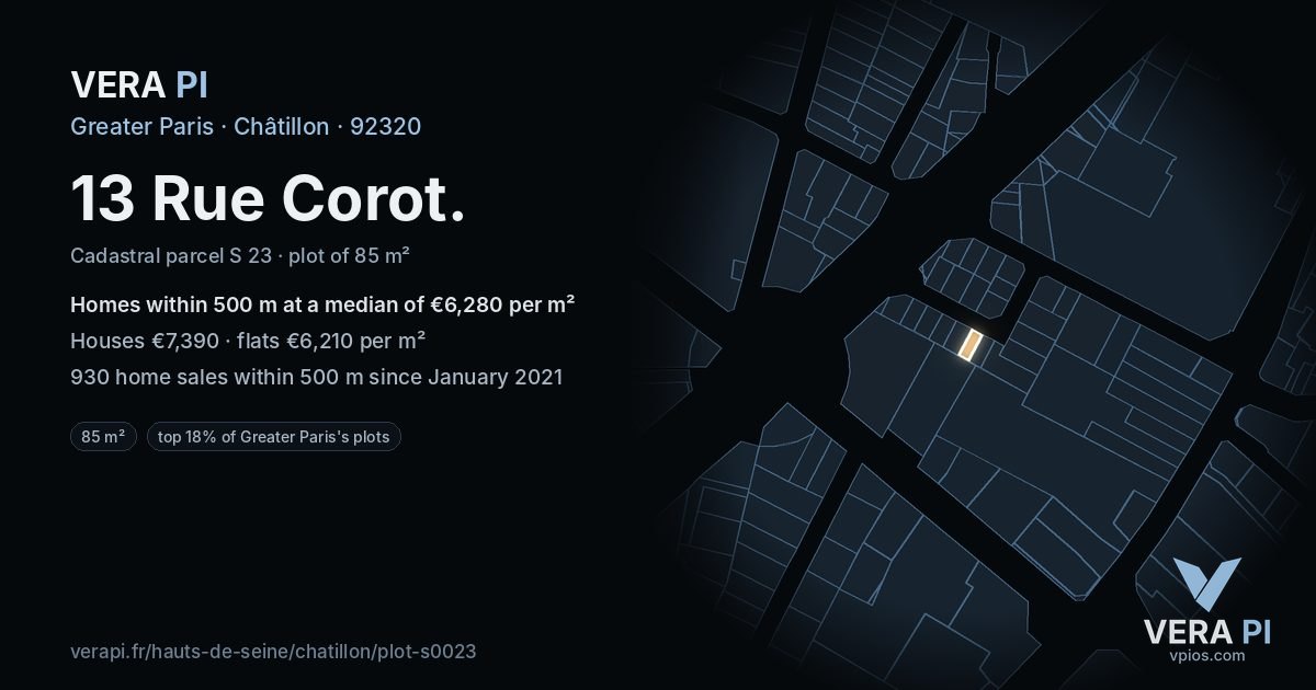13 Rue Corot, Châtillon at night – the plot lit, the parcels around coloured by the prices near them