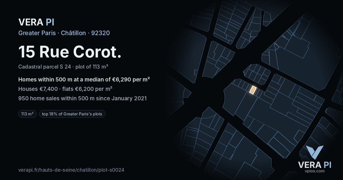 15 Rue Corot, Châtillon at night – the plot lit, the parcels around coloured by the prices near them