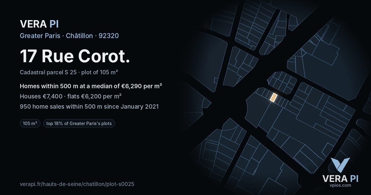 17 Rue Corot, Châtillon at night – the plot lit, the parcels around coloured by the prices near them