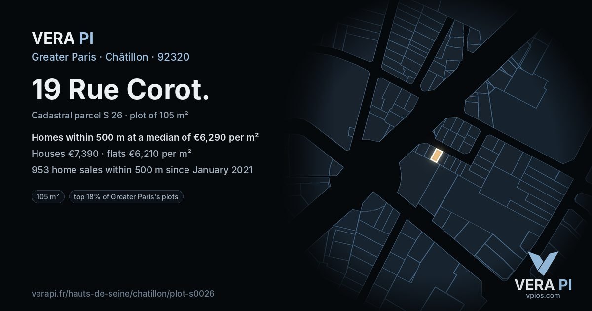 19 Rue Corot, Châtillon at night – the plot lit, the parcels around coloured by the prices near them