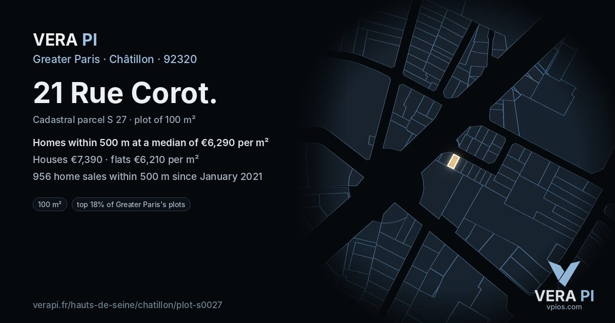21 Rue Corot, Châtillon at night – the plot lit, the parcels around coloured by the prices near them