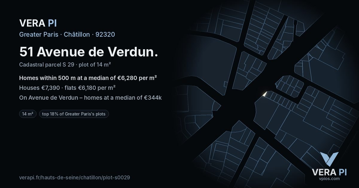 51 Avenue de Verdun, Châtillon at night – the plot lit, the parcels around coloured by the prices near them