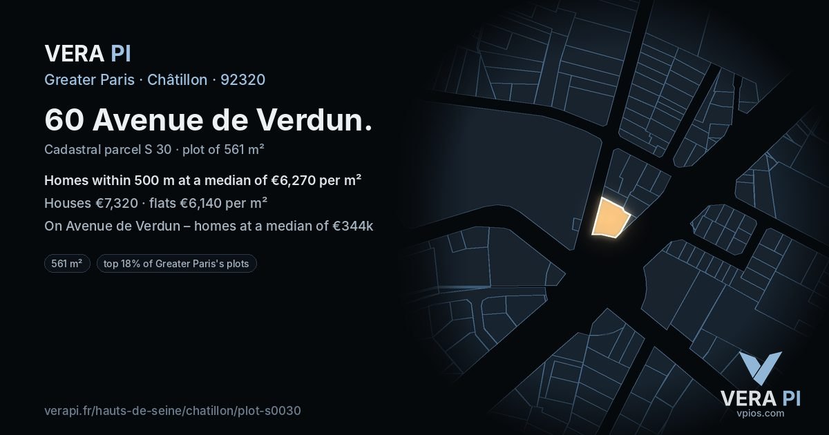 60 Avenue de Verdun, Châtillon at night – the plot lit, the parcels around coloured by the prices near them