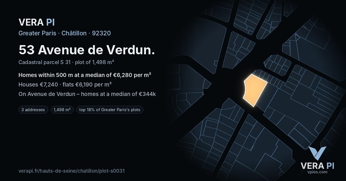 53 Avenue de Verdun, Châtillon at night – the plot lit, the parcels around coloured by the prices near them