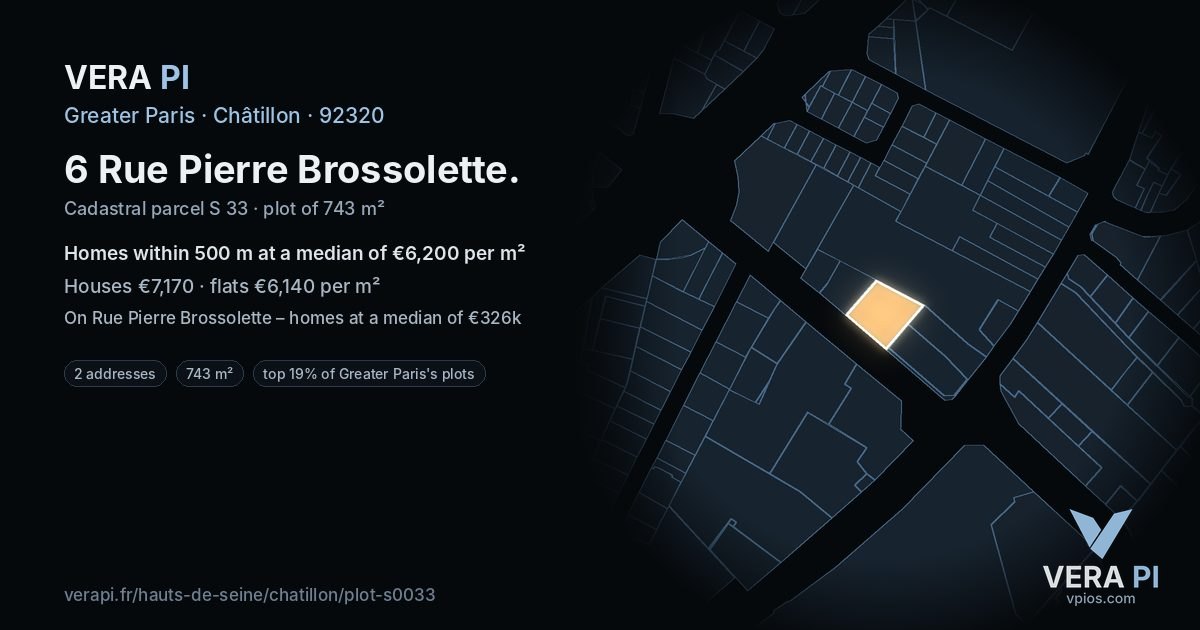 6 Rue Pierre Brossolette, Châtillon at night – the plot lit, the parcels around coloured by the prices near them