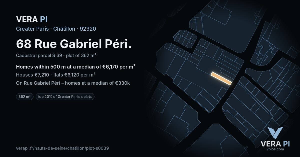 68 Rue Gabriel Péri, Châtillon at night – the plot lit, the parcels around coloured by the prices near them