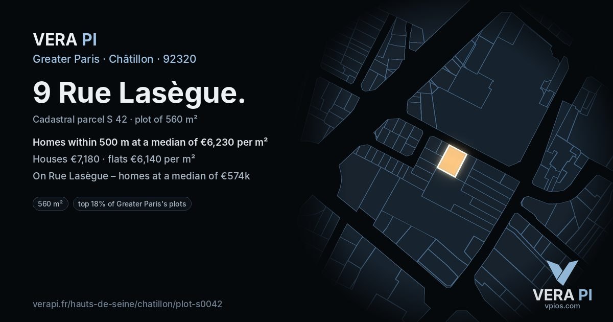 9 Rue Lasègue, Châtillon at night – the plot lit, the parcels around coloured by the prices near them