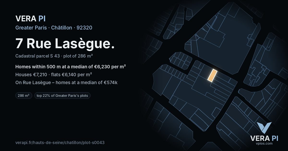 7 Rue Lasègue, Châtillon at night – the plot lit, the parcels around coloured by the prices near them