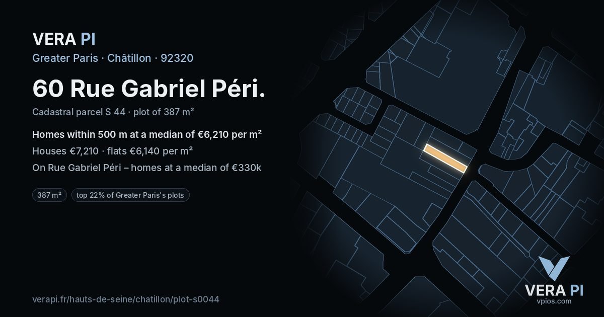 60 Rue Gabriel Péri, Châtillon at night – the plot lit, the parcels around coloured by the prices near them