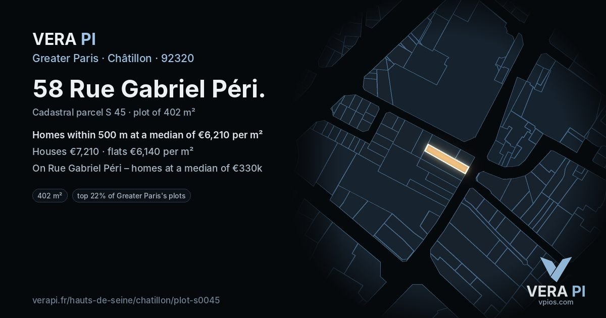 58 Rue Gabriel Péri, Châtillon at night – the plot lit, the parcels around coloured by the prices near them