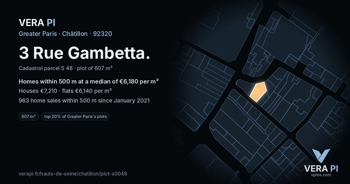 3 Rue Gambetta, Châtillon at night – the plot lit, the parcels around coloured by the prices near them