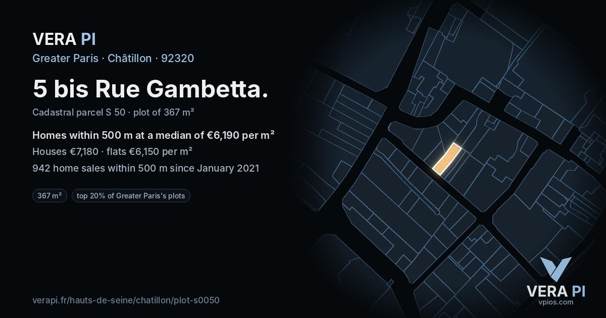 5 bis Rue Gambetta, Châtillon at night – the plot lit, the parcels around coloured by the prices near them