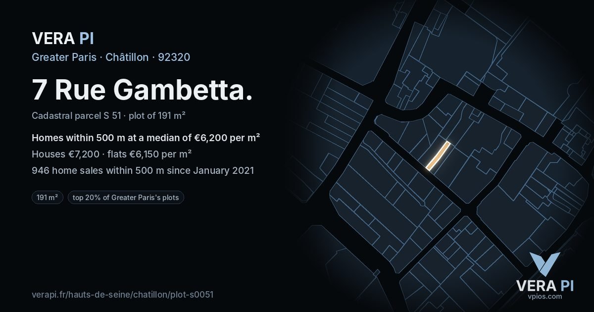 7 Rue Gambetta, Châtillon at night – the plot lit, the parcels around coloured by the prices near them