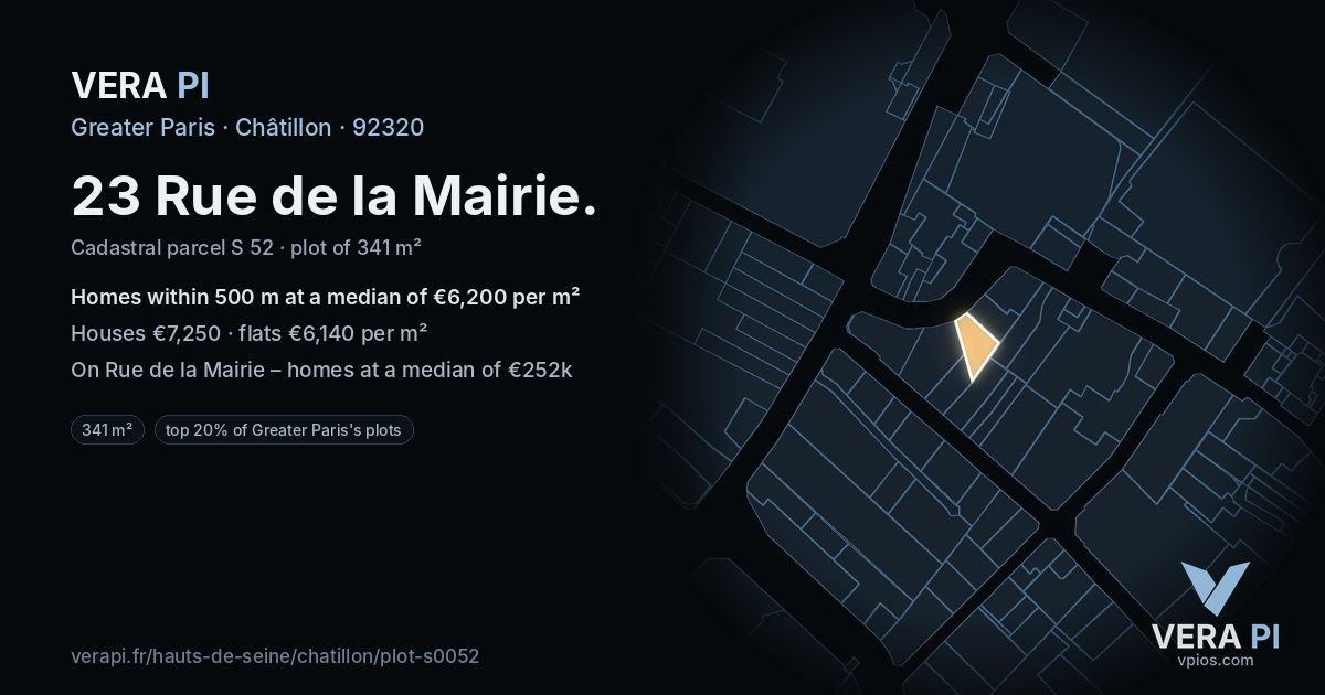 23 Rue de la Mairie, Châtillon at night – the plot lit, the parcels around coloured by the prices near them