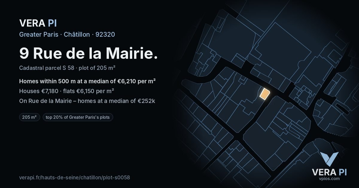 9 Rue de la Mairie, Châtillon at night – the plot lit, the parcels around coloured by the prices near them