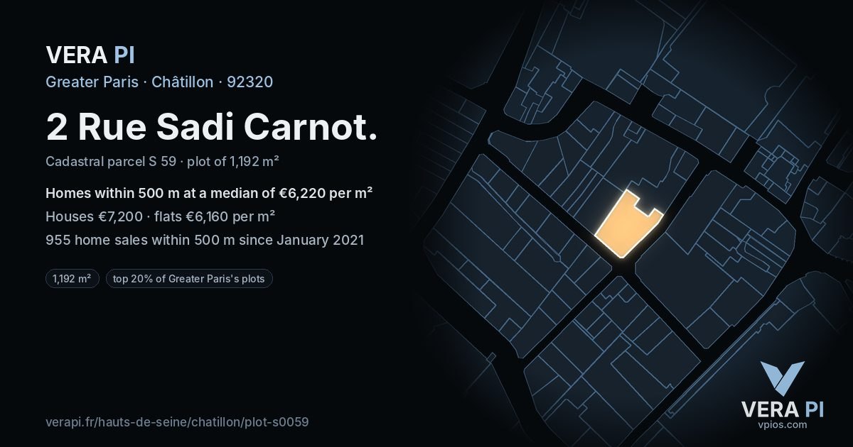 2 Rue Sadi Carnot, Châtillon at night – the plot lit, the parcels around coloured by the prices near them