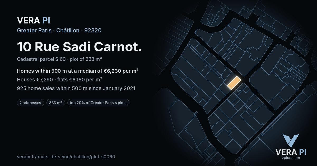 10 Rue Sadi Carnot, Châtillon at night – the plot lit, the parcels around coloured by the prices near them