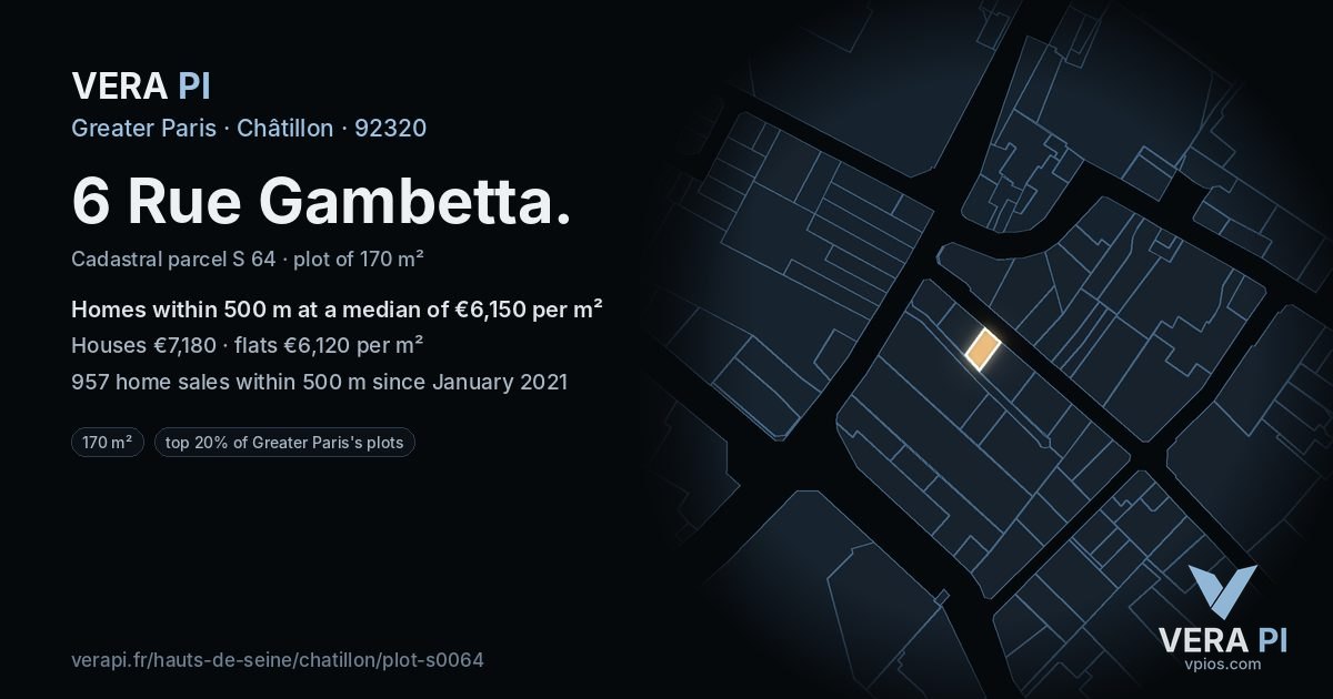 6 Rue Gambetta, Châtillon at night – the plot lit, the parcels around coloured by the prices near them