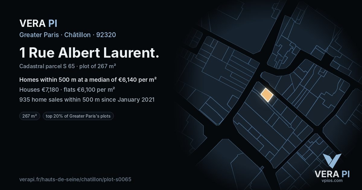 1 Rue Albert Laurent, Châtillon at night – the plot lit, the parcels around coloured by the prices near them