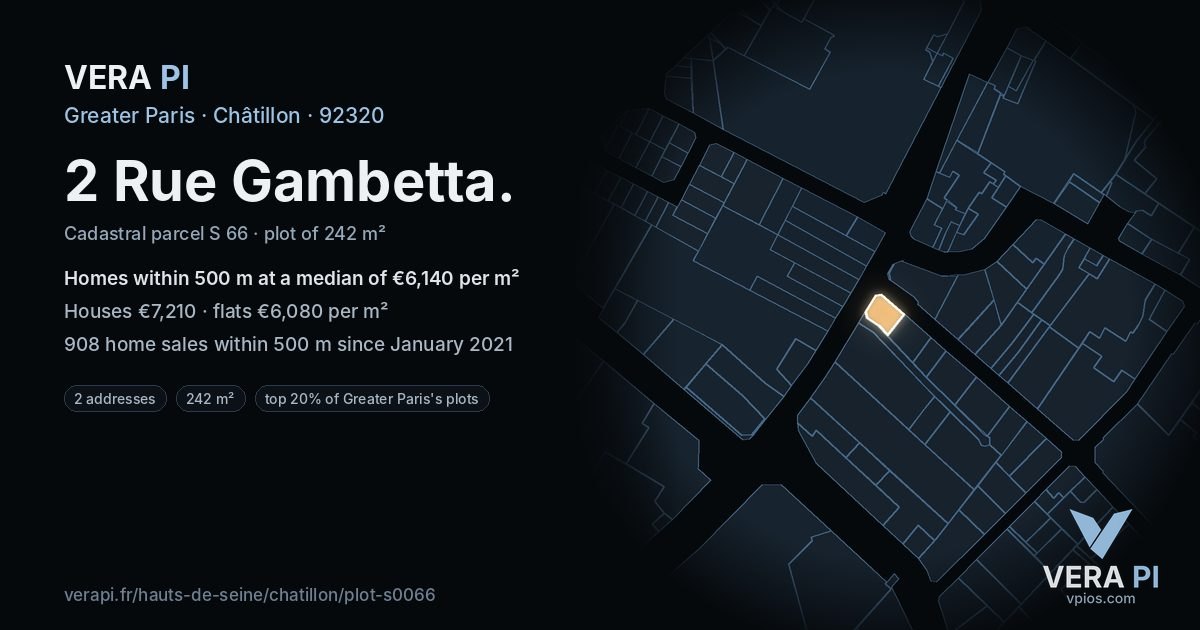 2 Rue Gambetta, Châtillon at night – the plot lit, the parcels around coloured by the prices near them
