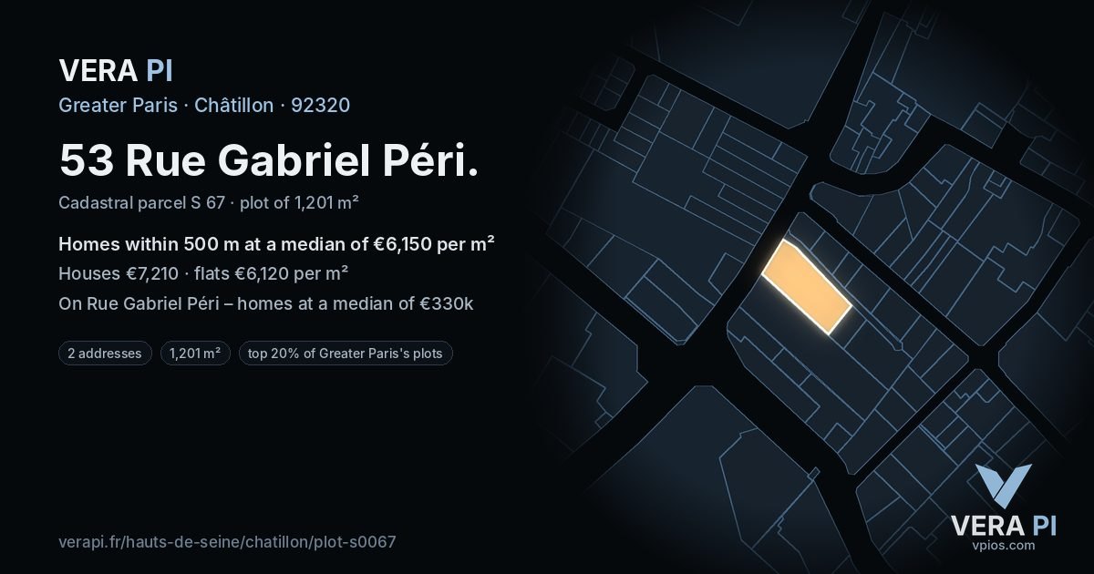53 Rue Gabriel Péri, Châtillon at night – the plot lit, the parcels around coloured by the prices near them