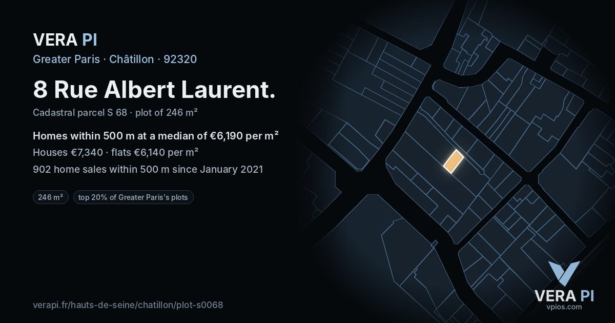 8 Rue Albert Laurent, Châtillon at night – the plot lit, the parcels around coloured by the prices near them