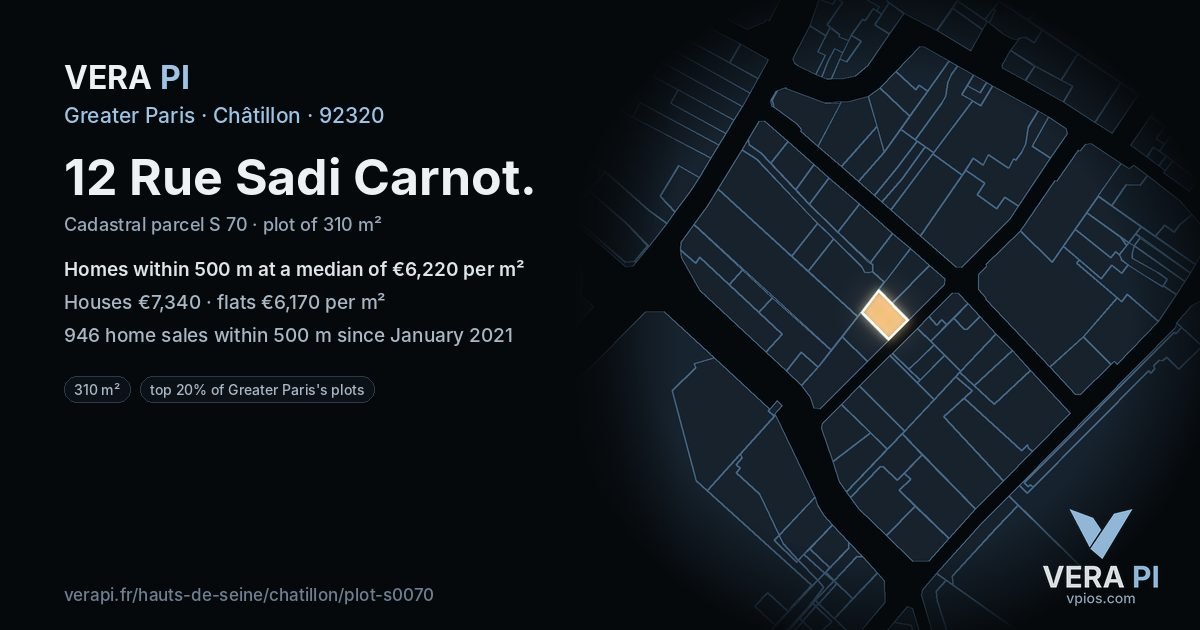 12 Rue Sadi Carnot, Châtillon at night – the plot lit, the parcels around coloured by the prices near them