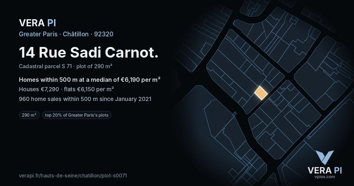 14 Rue Sadi Carnot, Châtillon at night – the plot lit, the parcels around coloured by the prices near them