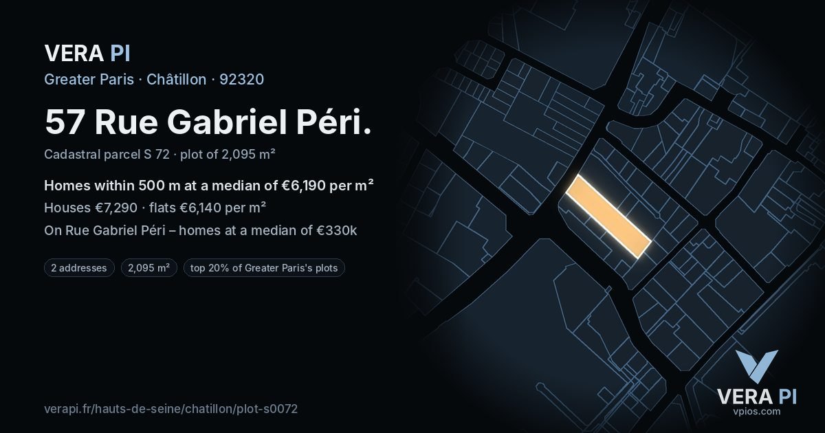 57 Rue Gabriel Péri, Châtillon at night – the plot lit, the parcels around coloured by the prices near them