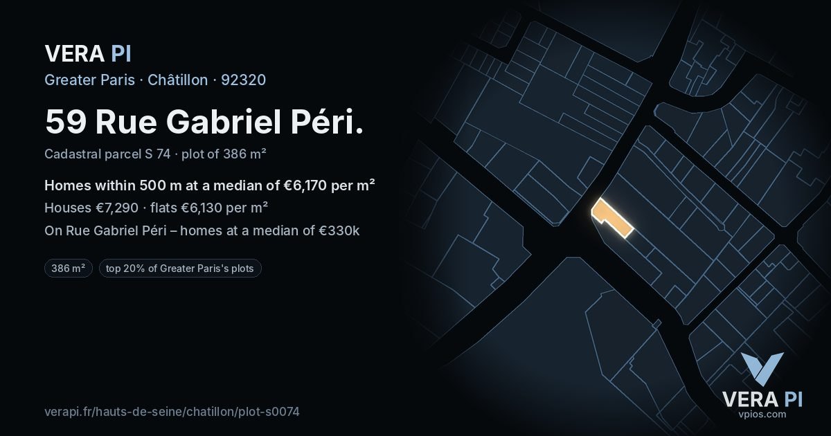 59 Rue Gabriel Péri, Châtillon at night – the plot lit, the parcels around coloured by the prices near them