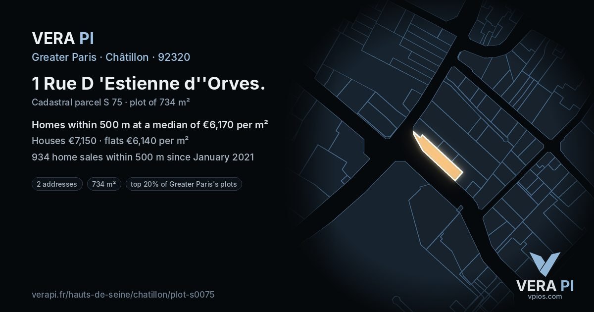 1 Rue D 'Estienne d''Orves, Châtillon at night – the plot lit, the parcels around coloured by the prices near them
