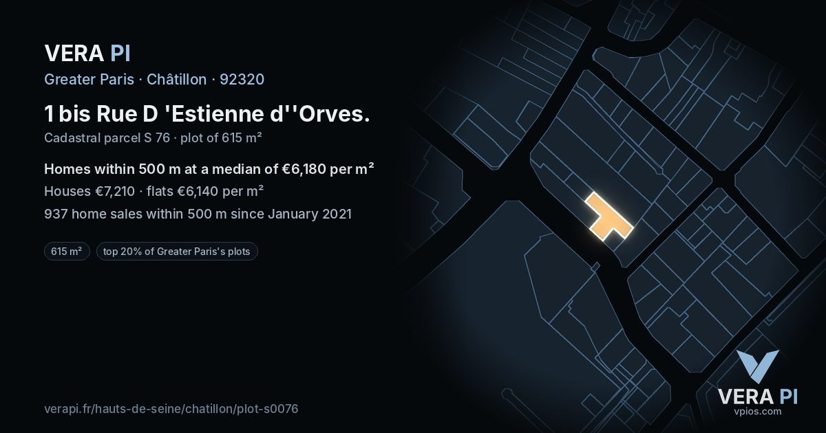 1 bis Rue D 'Estienne d''Orves, Châtillon at night – the plot lit, the parcels around coloured by the prices near them