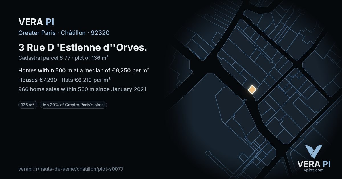 3 Rue D 'Estienne d''Orves, Châtillon at night – the plot lit, the parcels around coloured by the prices near them
