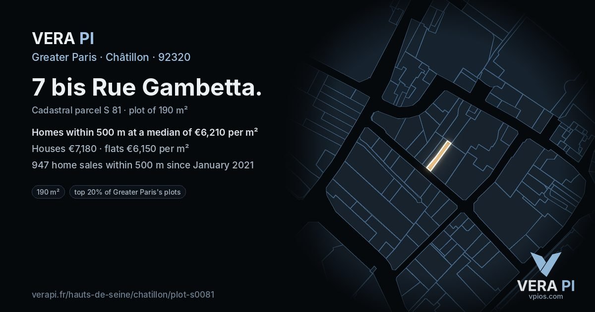 7 bis Rue Gambetta, Châtillon at night – the plot lit, the parcels around coloured by the prices near them