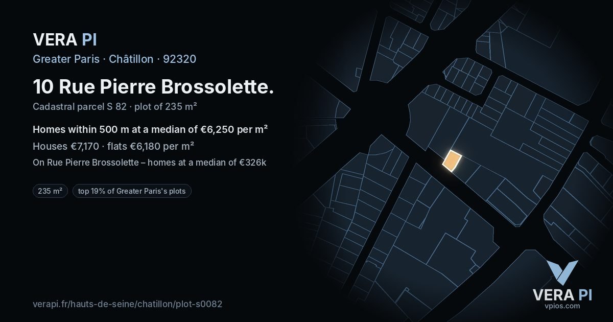 10 Rue Pierre Brossolette, Châtillon at night – the plot lit, the parcels around coloured by the prices near them